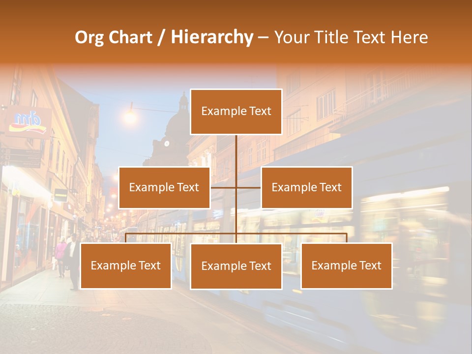 A Blue Train Traveling Down A Street Next To Tall Buildings PowerPoint Template