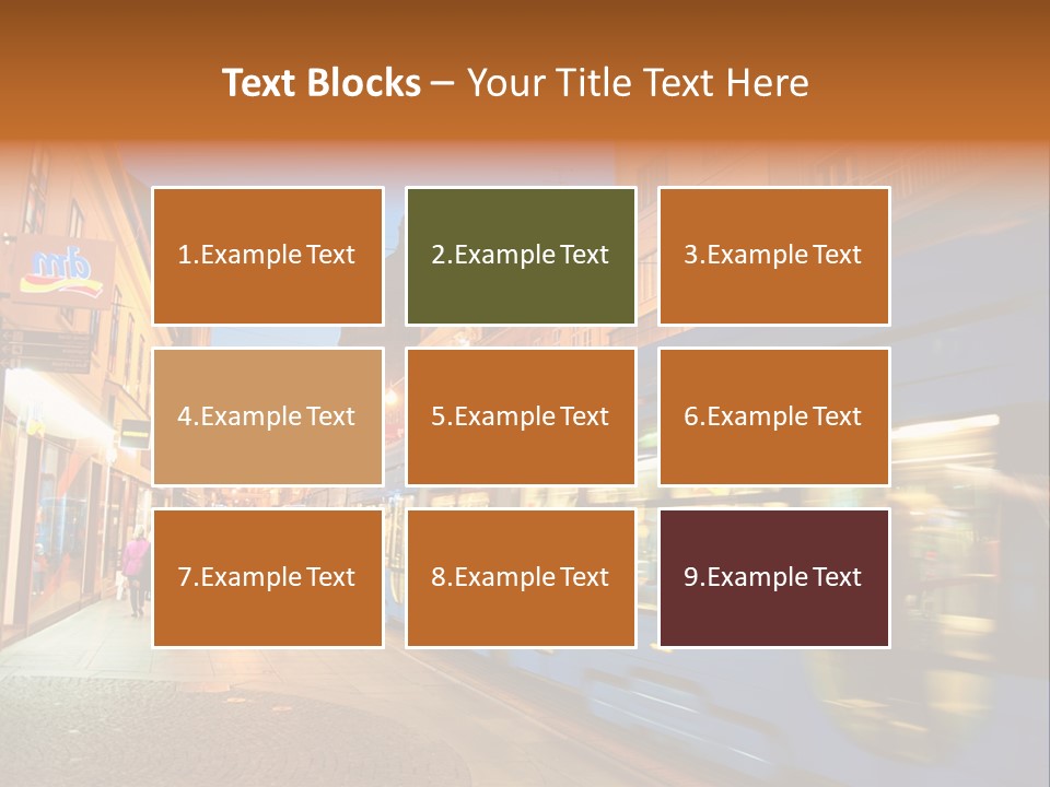 A Blue Train Traveling Down A Street Next To Tall Buildings PowerPoint Template