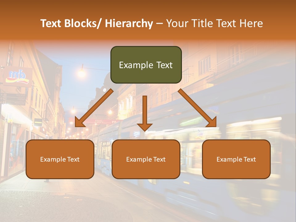 A Blue Train Traveling Down A Street Next To Tall Buildings PowerPoint Template