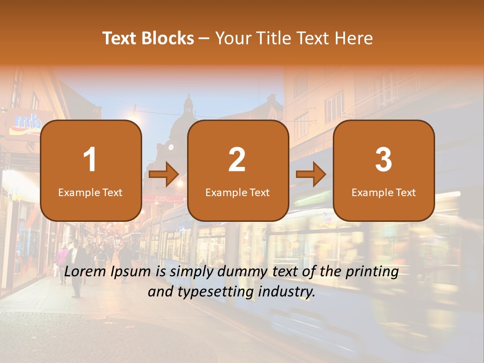 A Blue Train Traveling Down A Street Next To Tall Buildings PowerPoint Template