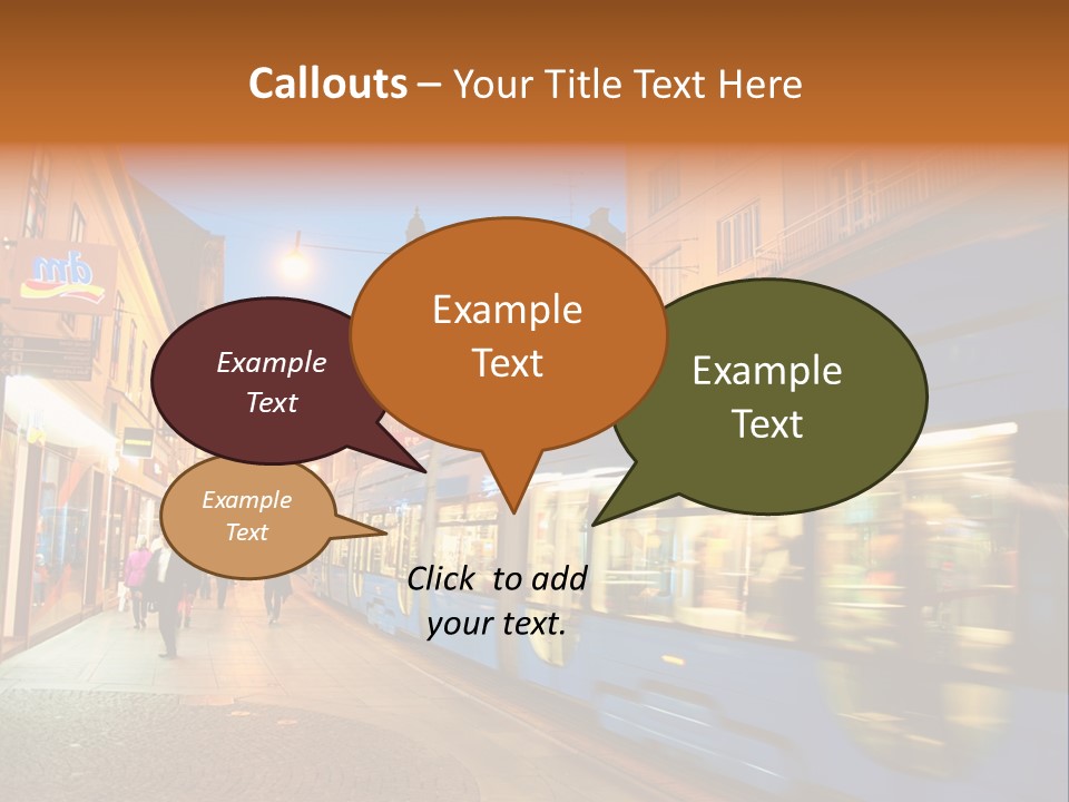 A Blue Train Traveling Down A Street Next To Tall Buildings PowerPoint Template