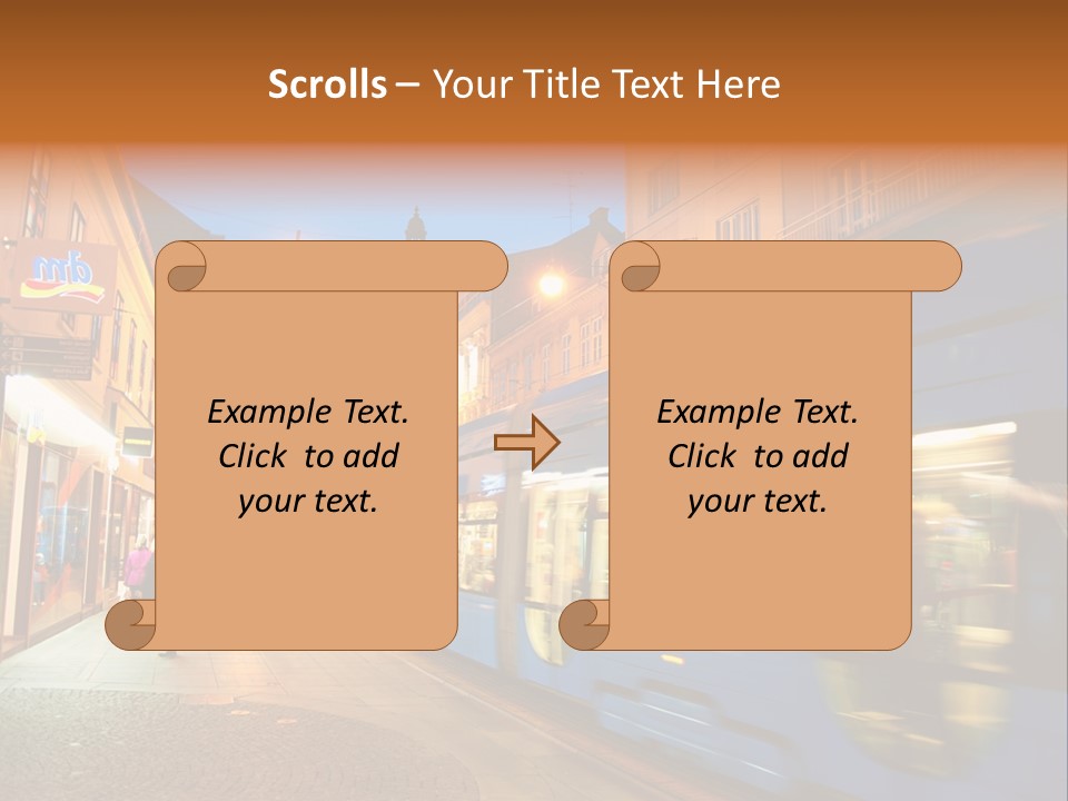 A Blue Train Traveling Down A Street Next To Tall Buildings PowerPoint Template