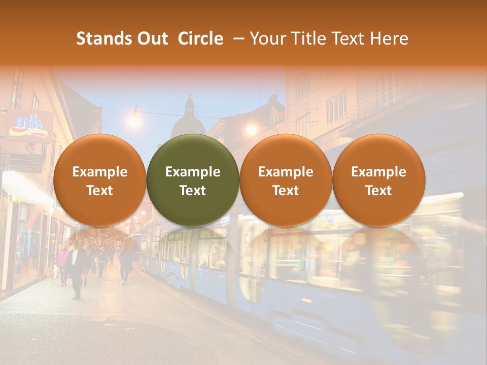 A Blue Train Traveling Down A Street Next To Tall Buildings PowerPoint Template