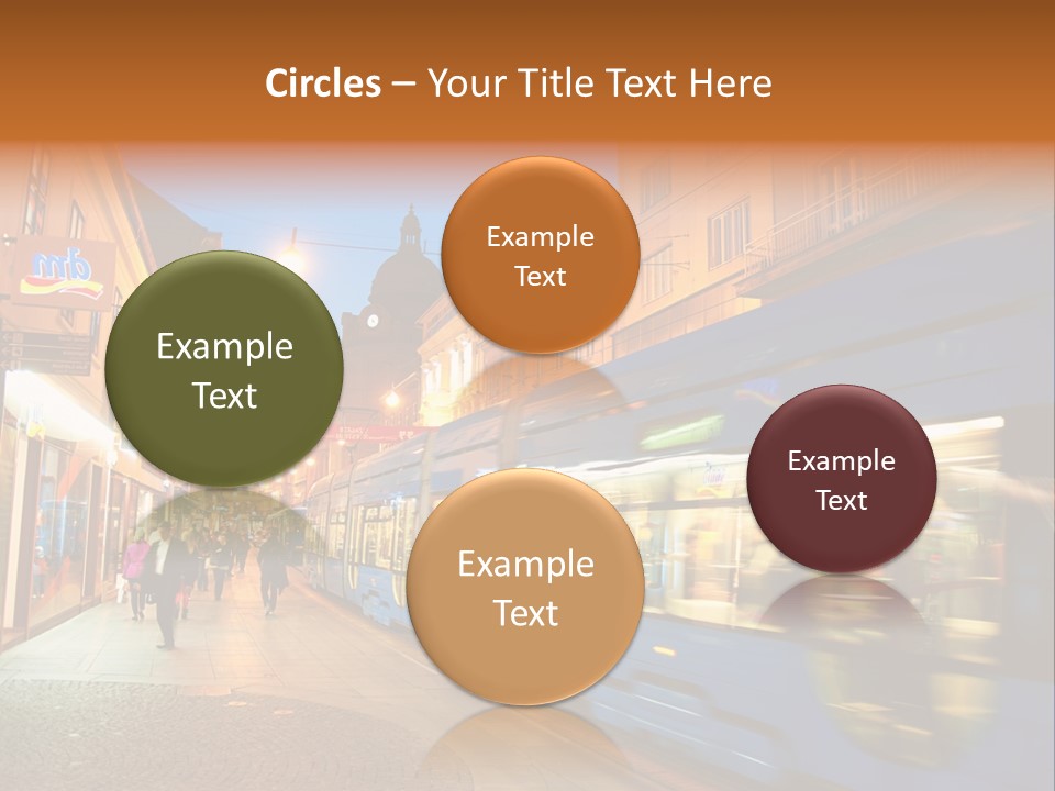 A Blue Train Traveling Down A Street Next To Tall Buildings PowerPoint Template