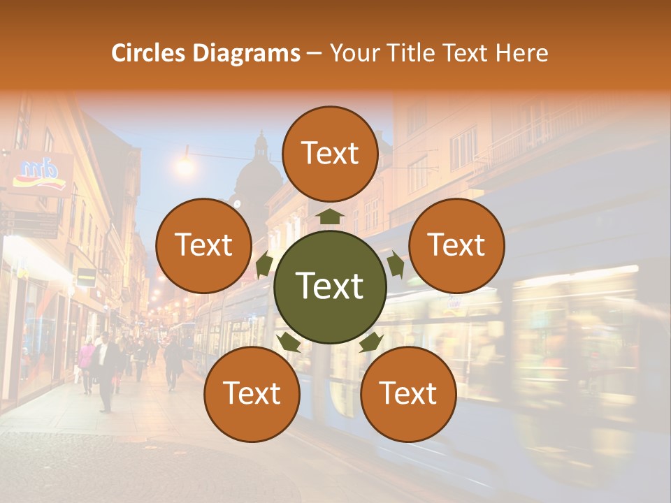 A Blue Train Traveling Down A Street Next To Tall Buildings PowerPoint Template