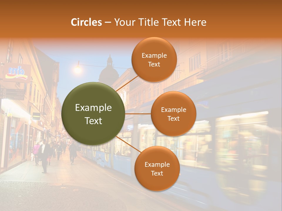 A Blue Train Traveling Down A Street Next To Tall Buildings PowerPoint Template