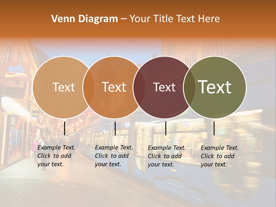 A Blue Train Traveling Down A Street Next To Tall Buildings PowerPoint Template