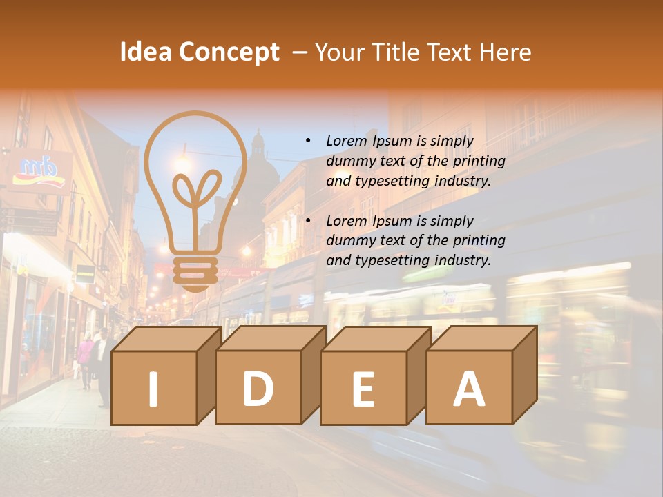 A Blue Train Traveling Down A Street Next To Tall Buildings PowerPoint Template