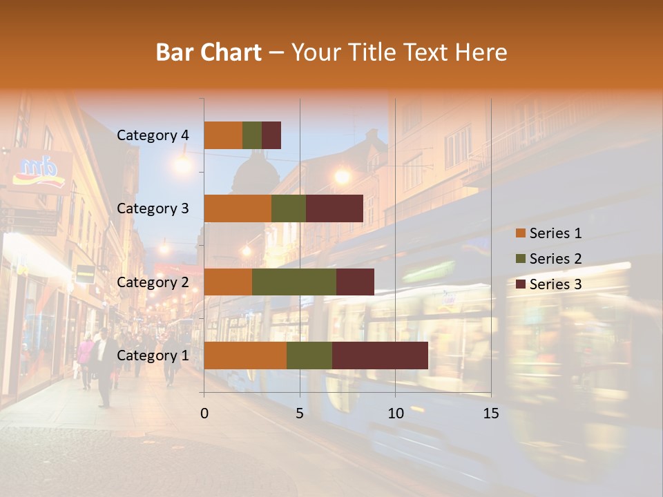 A Blue Train Traveling Down A Street Next To Tall Buildings PowerPoint Template