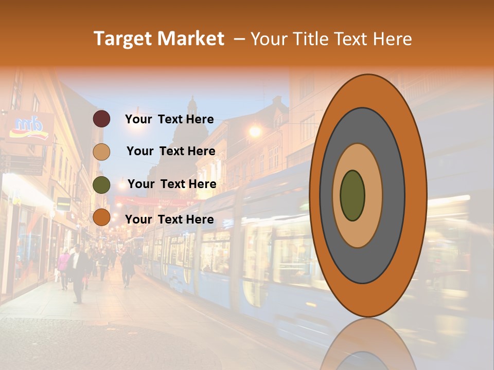 A Blue Train Traveling Down A Street Next To Tall Buildings PowerPoint Template