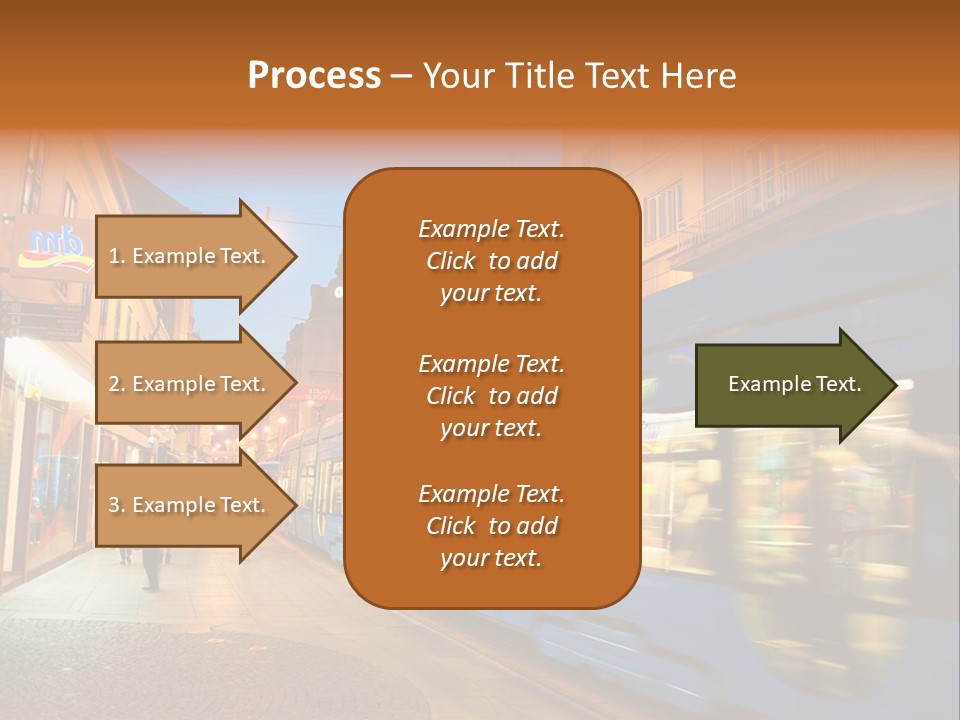 A Blue Train Traveling Down A Street Next To Tall Buildings PowerPoint Template