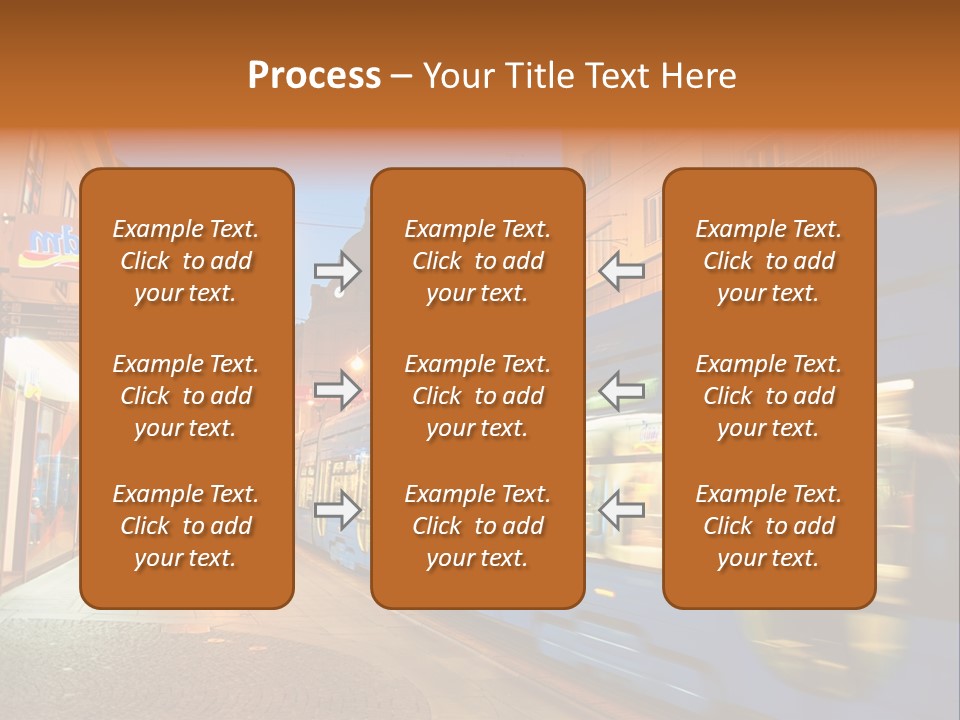 A Blue Train Traveling Down A Street Next To Tall Buildings PowerPoint Template