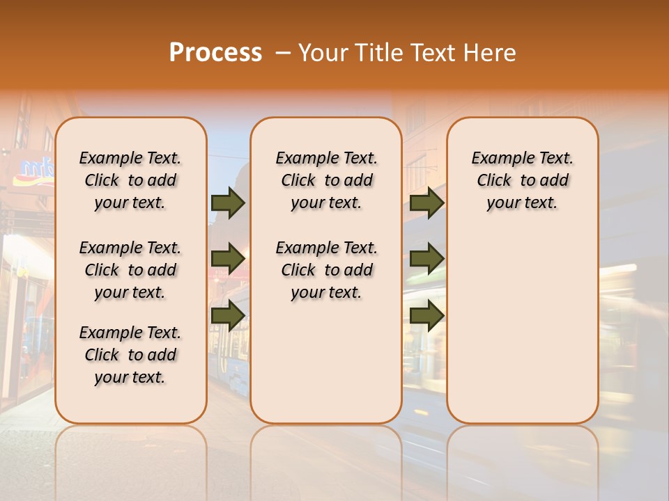 A Blue Train Traveling Down A Street Next To Tall Buildings PowerPoint Template