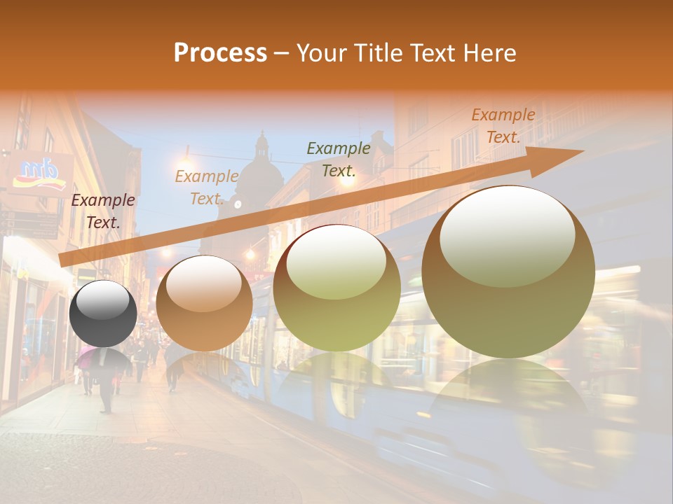 A Blue Train Traveling Down A Street Next To Tall Buildings PowerPoint Template