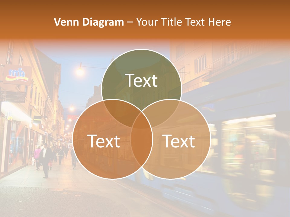 A Blue Train Traveling Down A Street Next To Tall Buildings PowerPoint Template