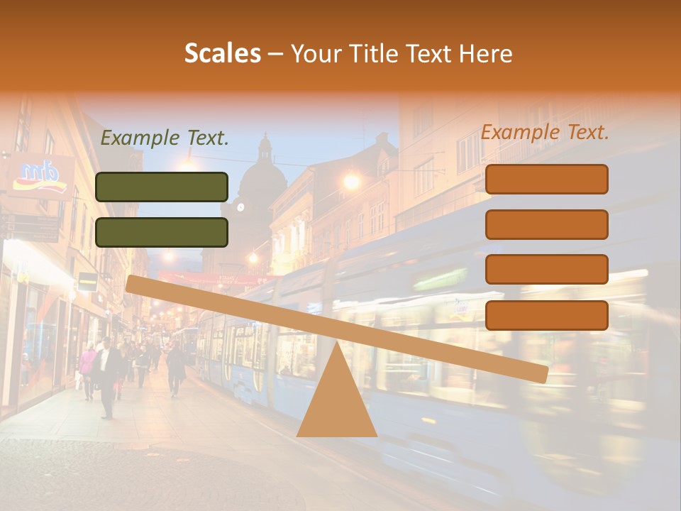 A Blue Train Traveling Down A Street Next To Tall Buildings PowerPoint Template