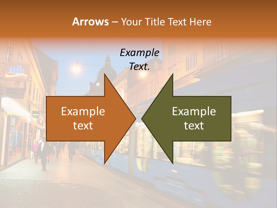 A Blue Train Traveling Down A Street Next To Tall Buildings PowerPoint Template