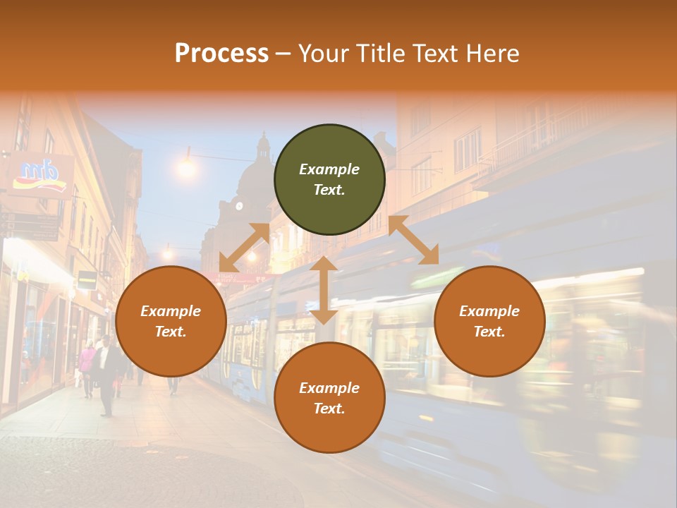 A Blue Train Traveling Down A Street Next To Tall Buildings PowerPoint Template