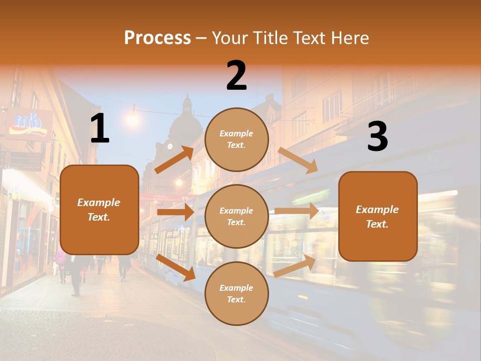 A Blue Train Traveling Down A Street Next To Tall Buildings PowerPoint Template