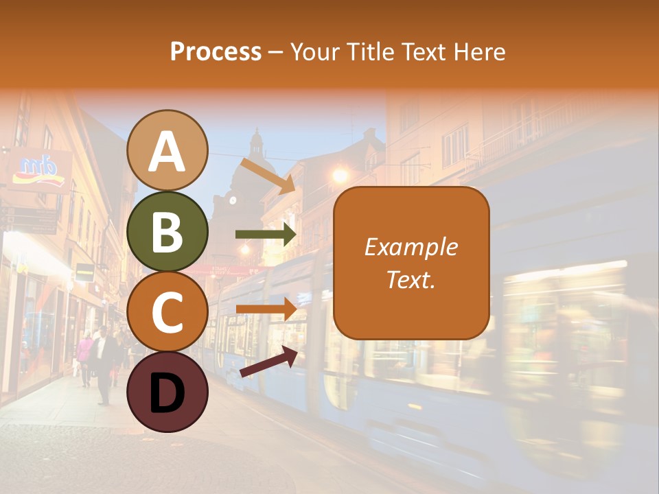 A Blue Train Traveling Down A Street Next To Tall Buildings PowerPoint Template