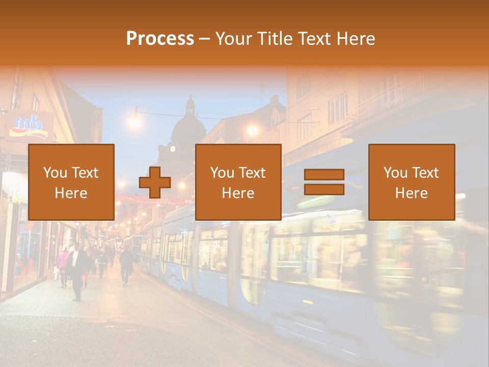 A Blue Train Traveling Down A Street Next To Tall Buildings PowerPoint Template