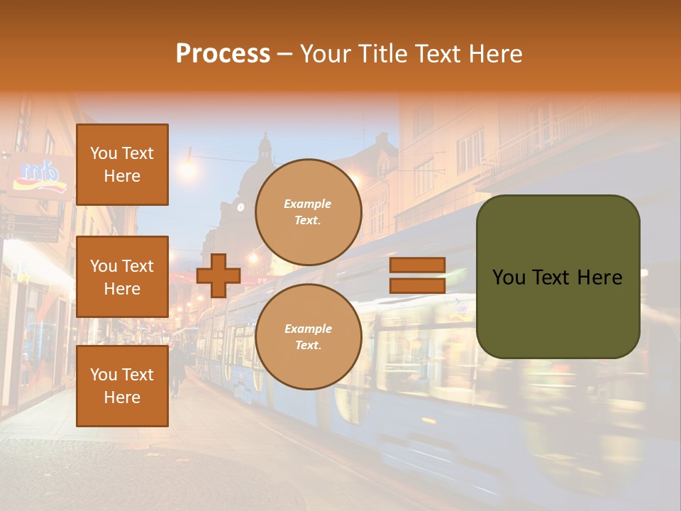 A Blue Train Traveling Down A Street Next To Tall Buildings PowerPoint Template