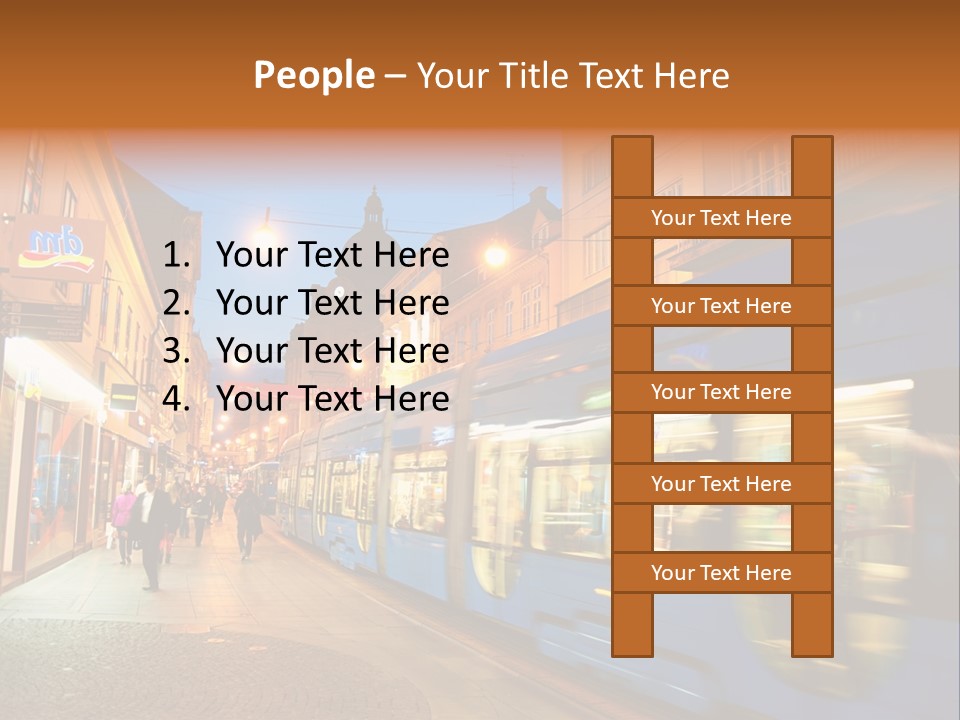 A Blue Train Traveling Down A Street Next To Tall Buildings PowerPoint Template