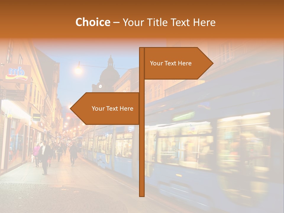 A Blue Train Traveling Down A Street Next To Tall Buildings PowerPoint Template