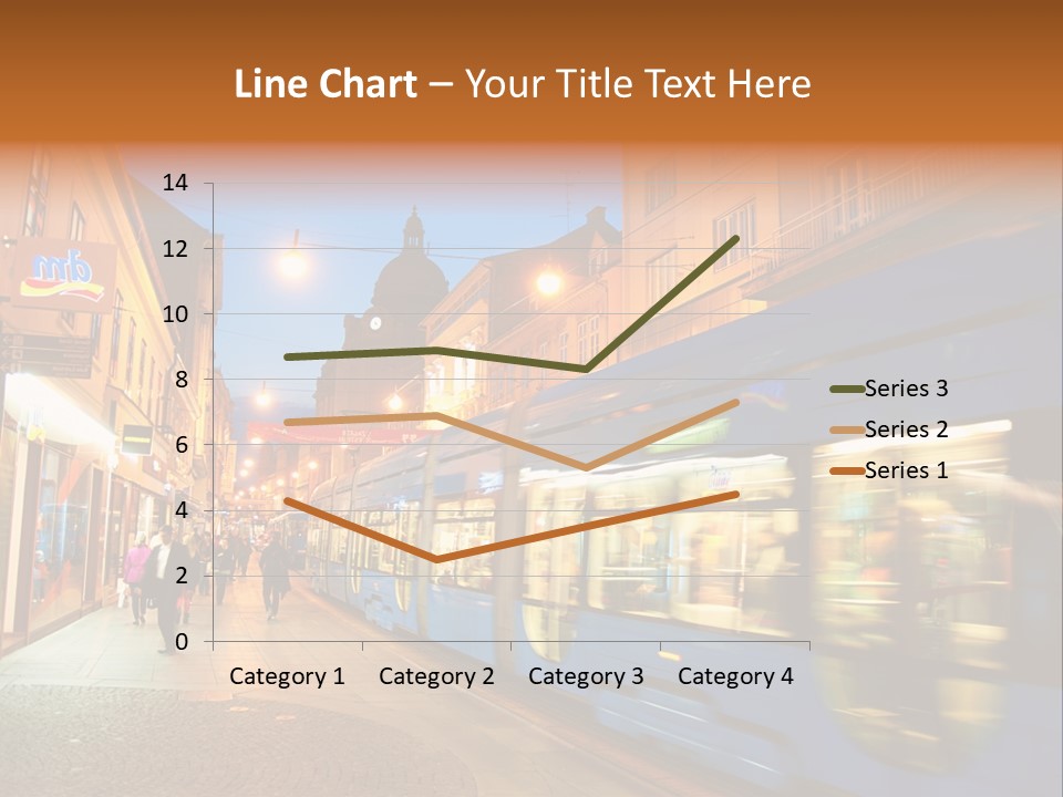 A Blue Train Traveling Down A Street Next To Tall Buildings PowerPoint Template