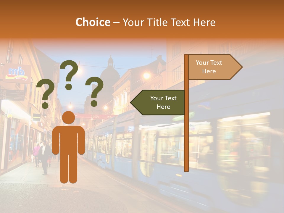 A Blue Train Traveling Down A Street Next To Tall Buildings PowerPoint Template