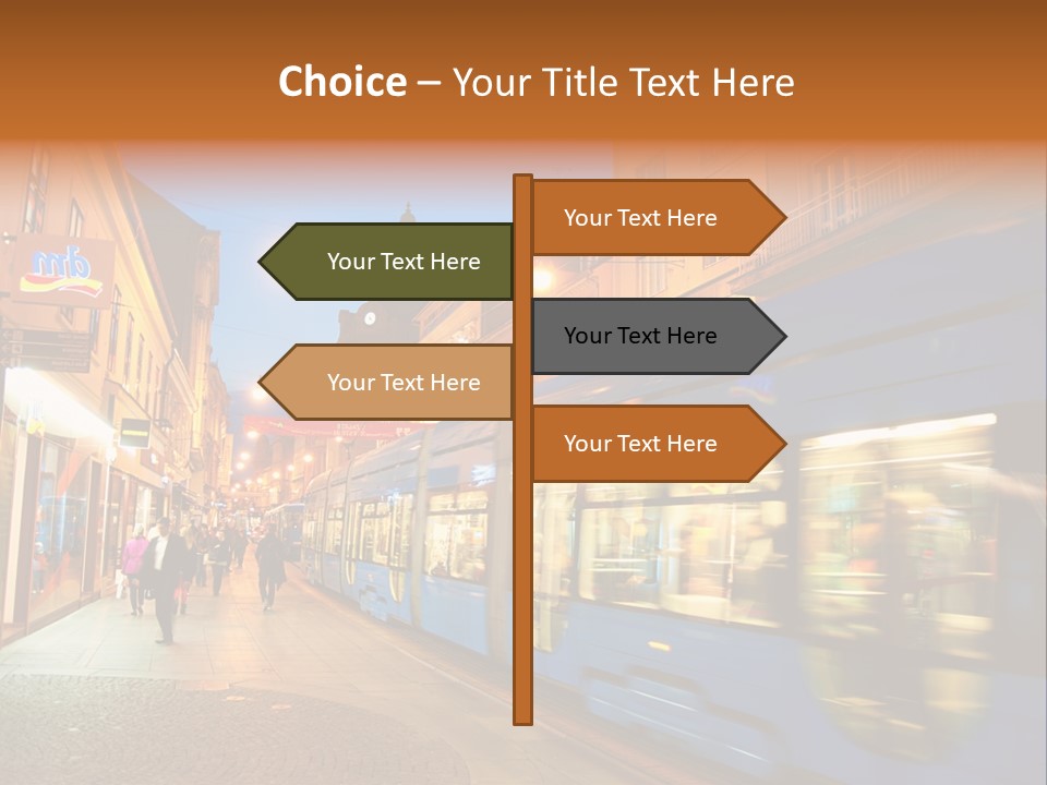 A Blue Train Traveling Down A Street Next To Tall Buildings PowerPoint Template