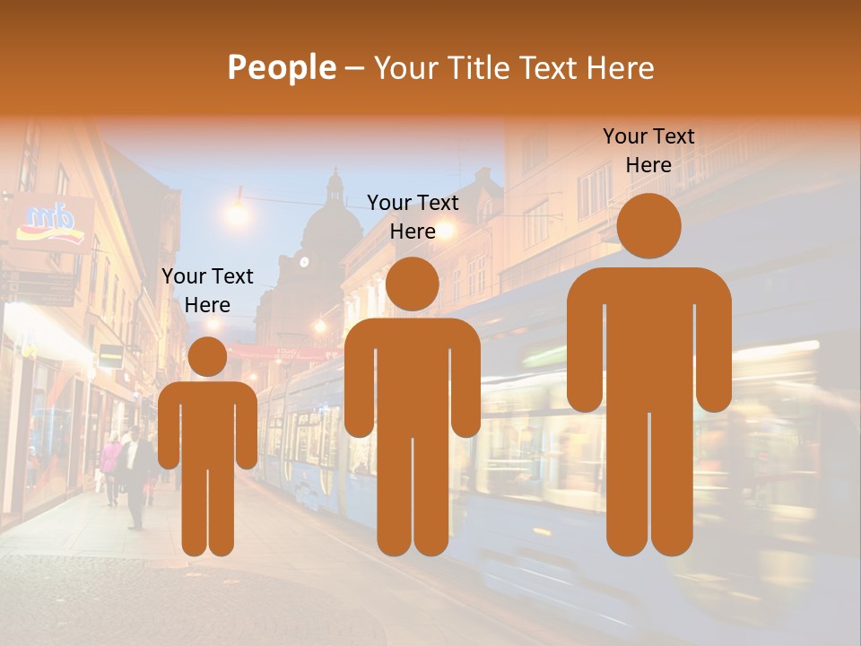 A Blue Train Traveling Down A Street Next To Tall Buildings PowerPoint Template