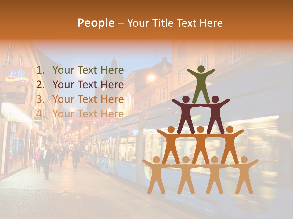 A Blue Train Traveling Down A Street Next To Tall Buildings PowerPoint Template