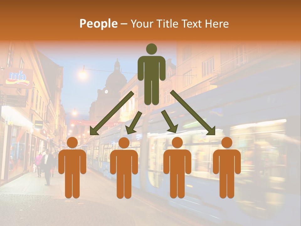 A Blue Train Traveling Down A Street Next To Tall Buildings PowerPoint Template