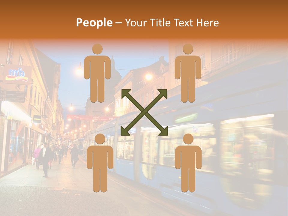 A Blue Train Traveling Down A Street Next To Tall Buildings PowerPoint Template