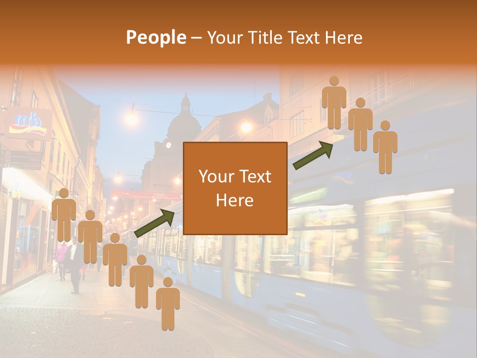 A Blue Train Traveling Down A Street Next To Tall Buildings PowerPoint Template