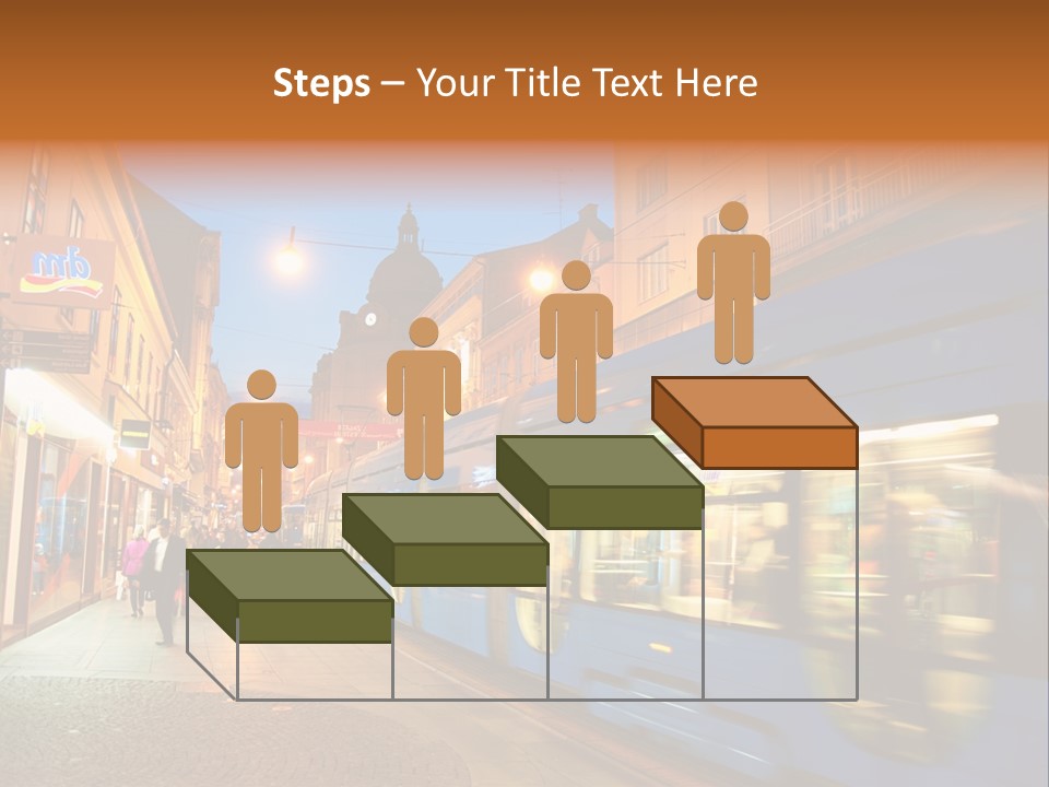 A Blue Train Traveling Down A Street Next To Tall Buildings PowerPoint Template