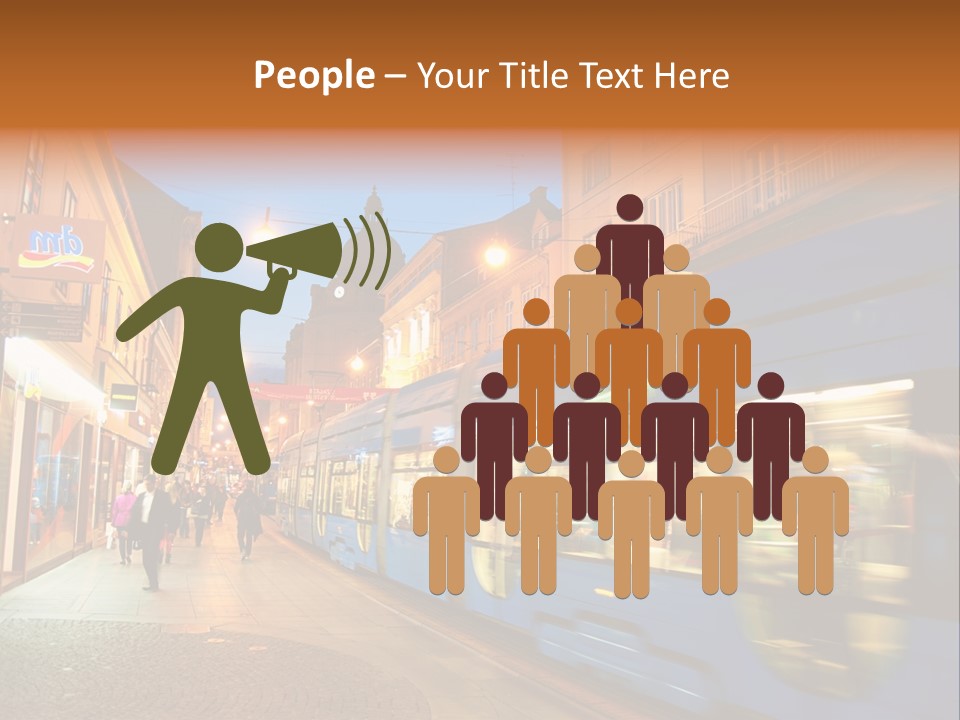 A Blue Train Traveling Down A Street Next To Tall Buildings PowerPoint Template