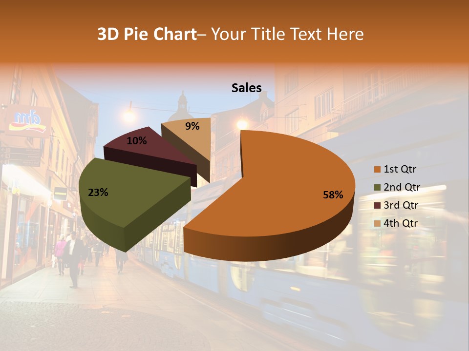 A Blue Train Traveling Down A Street Next To Tall Buildings PowerPoint Template