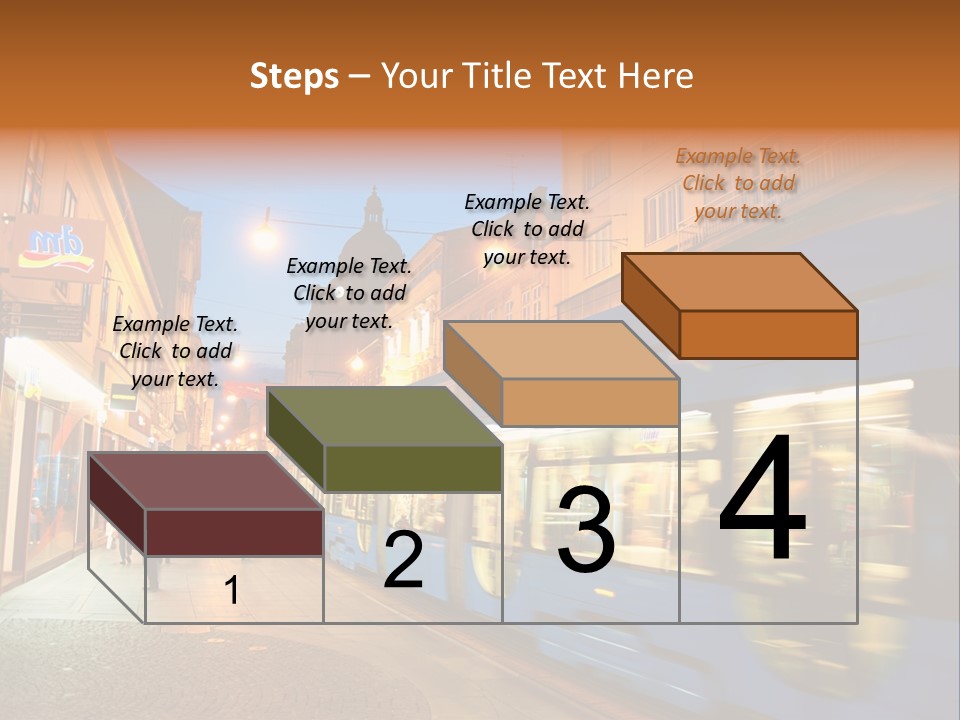 A Blue Train Traveling Down A Street Next To Tall Buildings PowerPoint Template