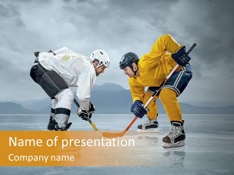 Two Men Playing Ice Hockey On An Ice Rink PowerPoint Template
