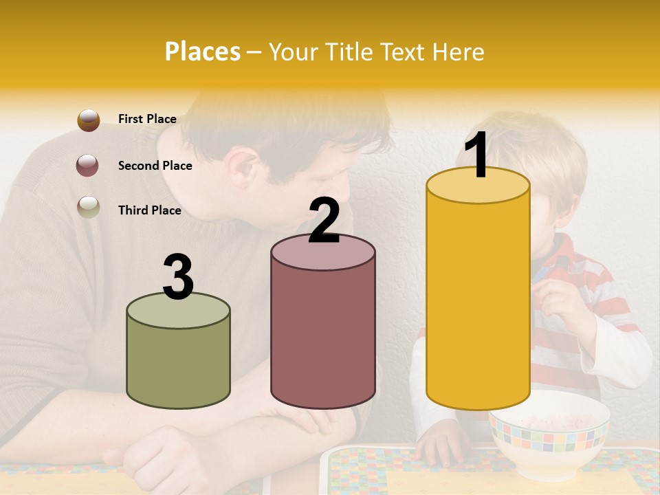 A Man And A Young Boy Sitting At A Table With A Bowl Of Food PowerPoint Template