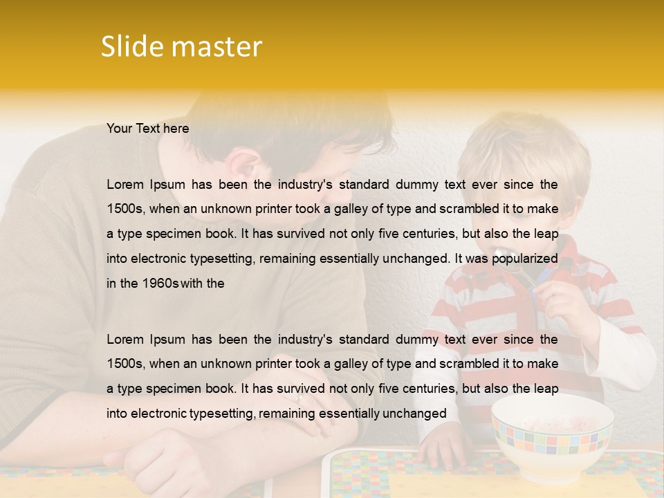 A Man And A Young Boy Sitting At A Table With A Bowl Of Food PowerPoint Template