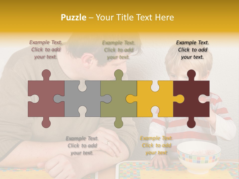 A Man And A Young Boy Sitting At A Table With A Bowl Of Food PowerPoint Template