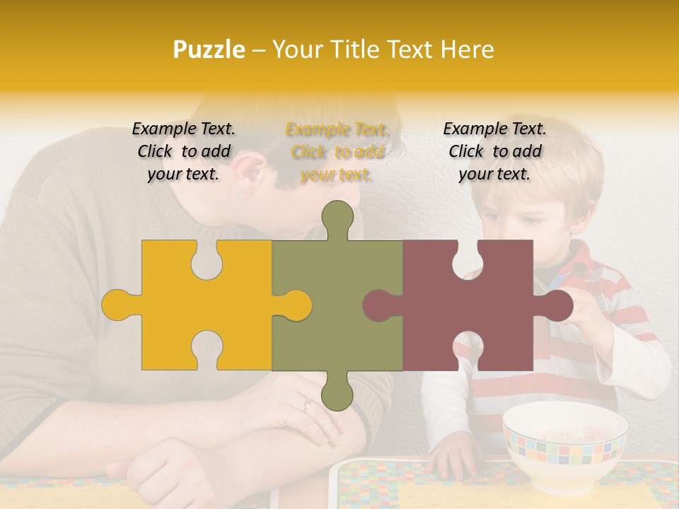 A Man And A Young Boy Sitting At A Table With A Bowl Of Food PowerPoint Template