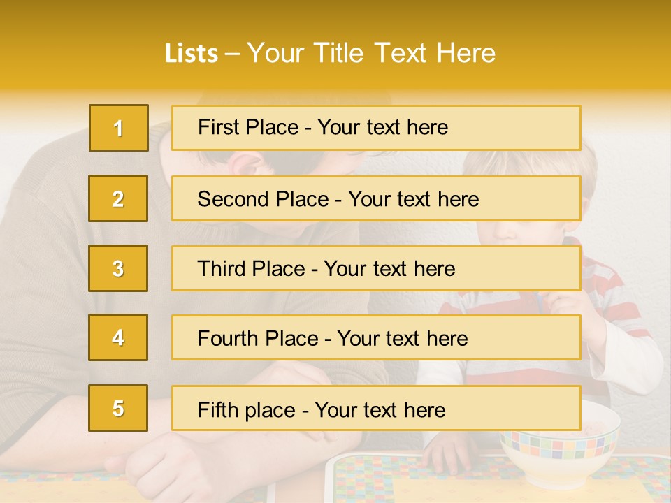 A Man And A Young Boy Sitting At A Table With A Bowl Of Food PowerPoint Template