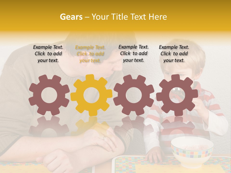 A Man And A Young Boy Sitting At A Table With A Bowl Of Food PowerPoint Template