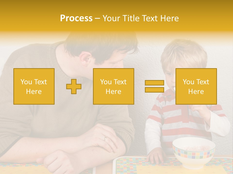 A Man And A Young Boy Sitting At A Table With A Bowl Of Food PowerPoint Template