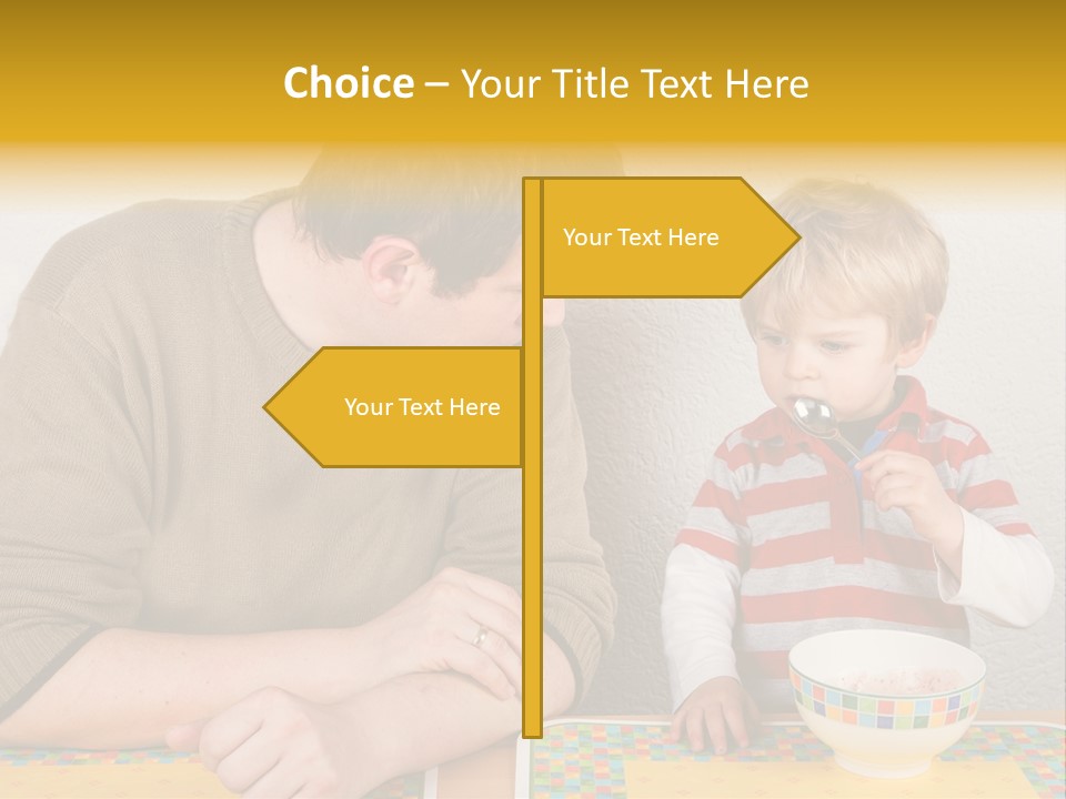 A Man And A Young Boy Sitting At A Table With A Bowl Of Food PowerPoint Template