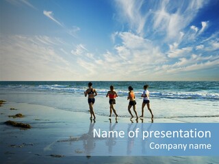 A Group Of People Running Along A Beach PowerPoint Template